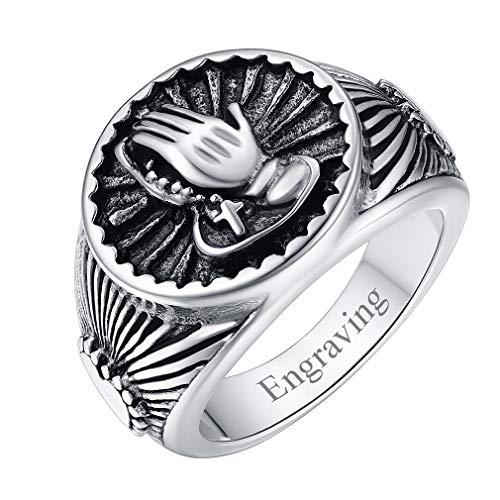 FaithHeart personalisierter Betende Hände Ring für Herren Männer Bandring Punk Style,Polished Bibel Gebet Kreuz Siegelring mit Geschenkebox für Geburtstag Weihnachten von FaithHeart