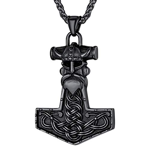 FaithHeart schwarz Wikinger Thors Hammer Anhänger Herren Kette mit Odin Helm Anhänger Viking Mjölnir Kette für Kinder und Jugendlichen von FaithHeart