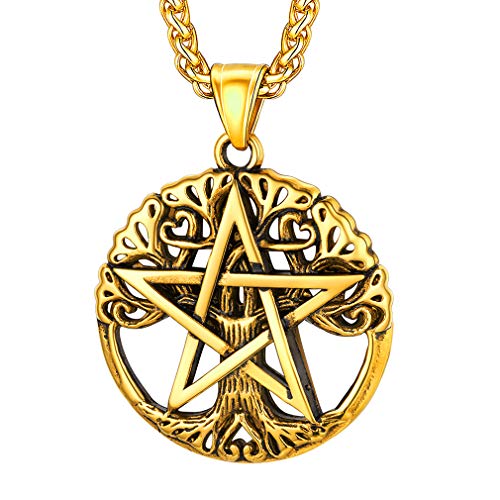 FaithHeart Gold Wicca Pentagramm mit Lebensabaum Schmuck Herren Gold Pentagramm Anhänger für Kinder und Jugendlichen von FaithHeart