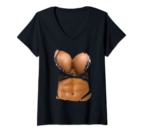 Damen Fake Bauchmuskelshirt Bikini Body Muscle Sixpack Fake Big Brüste T-Shirt mit V-Ausschnitt von Fake Boobs T-Shirts