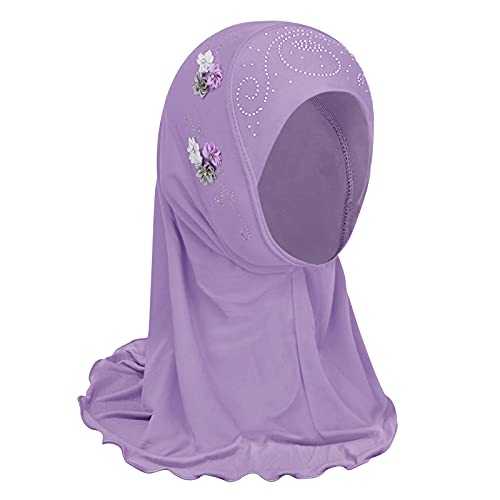 FakeFace Mädchen Kopftuch Kinder Muslimischer Hijab Kleines Mädchen Moslem Schal mit Blumen Arabien Islamische Kopfkappe Kleidung Schal Sommer Stretch Turban Gesichtsschleier Kopfbedeckung (Lila) von FakeFace