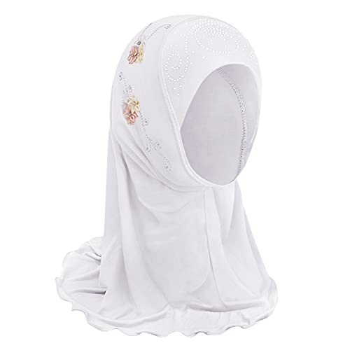 FakeFace Mädchen Kopftuch Kinder Muslimischer Hijab Kleines Mädchen Moslem Schal mit Blumen Arabien Islamische Kopfkappe Kleidung Schal Sommer Stretch Turban Gesichtsschleier Kopfbedeckung (Weiß) von FakeFace