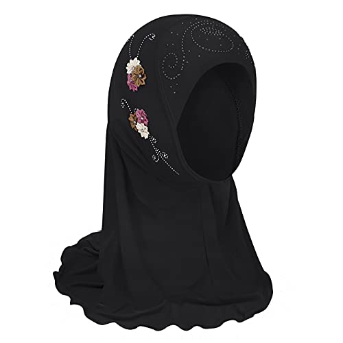 Mädchen Kopftuch Kinder Muslimischer Hijab Kleines Mädchen Moslem Schal mit Blumen Arabien Islamische Kopfkappe Kleidung Schal Sommer Stretch Turban Gesichtsschleier Kopfbedeckung (Blümchen-Schwarz) von FakeFace