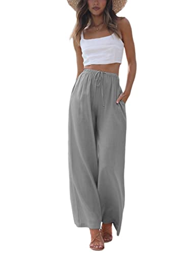 Faleave Damen Baumwolle Leinen Sommer Palazzo Pants Flowy Wide Leg Strandhose mit Taschen, GRAU, Groß von Faleave