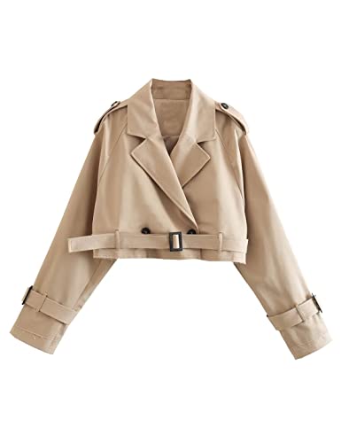 Faleave Damen Cropped Jacke Langarm Gürtel Trenchcoat Einfarbig, Khaki, S von Faleave