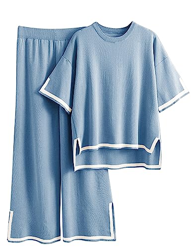 Faleave Damen Strickpullover, 2-teilig, kurzärmelig, elastische Taille, weites Bein, Hose, Lounge-Set, Blau, S von Faleave