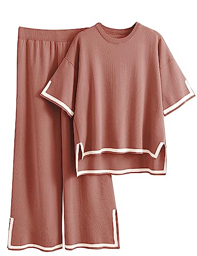 Faleave Damen Strickpullover, 2-teilig, kurzärmelig, elastische Taille, weites Bein, Hose, Lounge-Set, Rost, L von Faleave