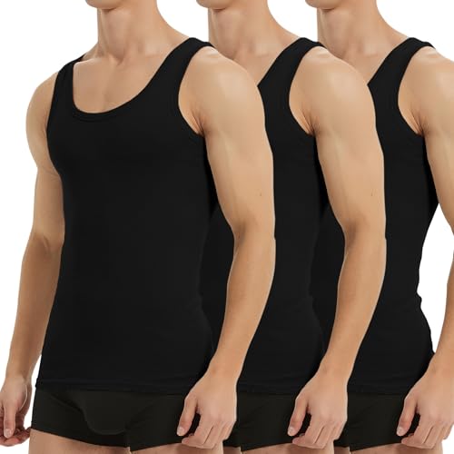 Falechay Unterhemd Herren Tank Top 3er Pack Baumwolle Feinripp ärmellos Muskelshirtst Männer Sportunterhemden Schwarz 3XL von Falechay