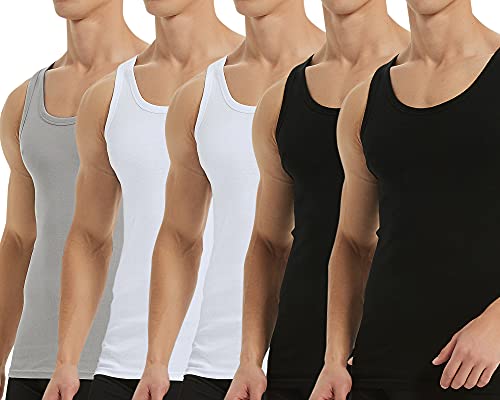 Falechay Unterhemd Herren Tank Top 5er Pack Baumwolle Feinripp ärmellos Muskelshirtst Männer Schwarz Weiß Grau L von Falechay