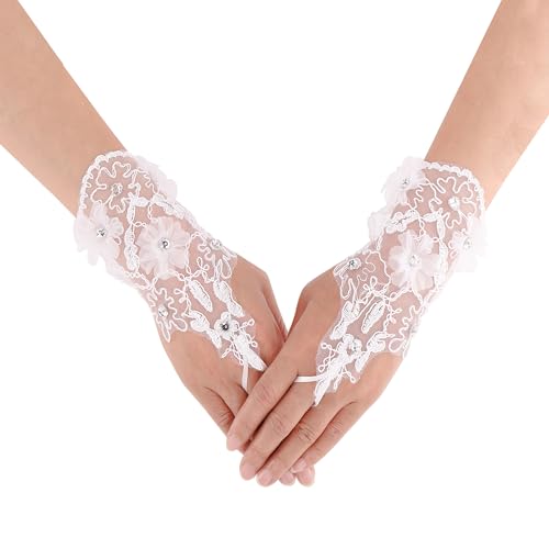 Faletony Damen Brauthandschuhe Spitzenhandschuhe Tüll Lang Fingerlose Handschuhe Elegante Spitze Handschuhe lange weiße Handschuhe Mädchen Braut Hochzeit Abend Party Kostüm Zubehör von Faletony