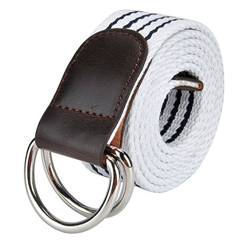 Faletony Herren Damen Gestreift Gürtel Stoffgürtel mit Doppel D-ringe Schnalle Leinwand Canvas Jeansgürtel Belts 120cm (Weiß) von Faletony