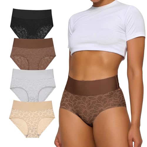 FallSweet Nahtlose Unterhosen Damen Hohe Taille Spitzen Unterwäsche Seamless No Show Slips Mehrpack (Mix1-4pc, L) von FallSweet