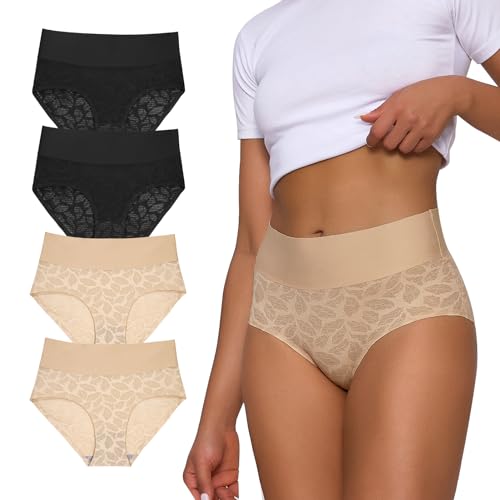 FallSweet Nahtlose Unterhosen Damen Hohe Taille Spitzen Unterwäsche Seamless No Show Slips Mehrpack (beige2+black2, XL) von FallSweet