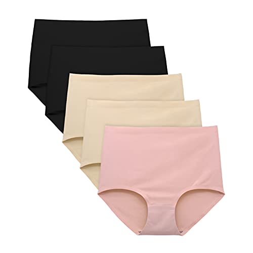 FallSweet No Show Slip mit hoher Taille Unterwäsche für Damen Seamless Panties, 5er Pack (2schwarz2beige1rosa, Large) von FallSweet