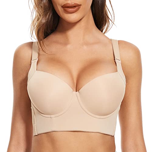 FallSweet Push Up BHS für Frauen Lace Plus Size Wide Back Underwear Longline Korsett BH (Beige-Glatt, 90B) von FallSweet