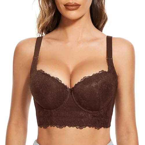 FallSweet Push Up Spitzen BH Damen Mit Bügel Grosse Grössen Bra Longline (Braun, 75D) von FallSweet