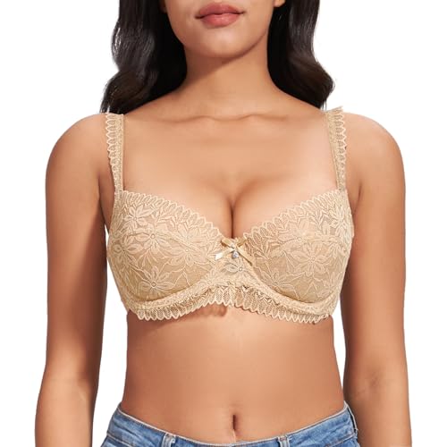 FallSweet Spitzen BH Damen mit Bügel Minimizer BHS für Große Busen ohne Einlagen(Beige, 80C) von FallSweet