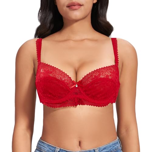 FallSweet Spitzen BH Damen mit Bügel Minimizer BHS für Große Busen ohne Einlagen(Rot, 80D) von FallSweet