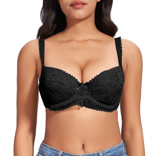 FallSweet Spitzen BH Damen mit Bügel Minimizer BHS für Große Busen ohne Einlagen(Schwarz, 100D) von FallSweet