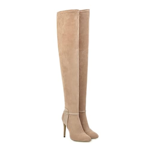 FamMe Oberschenkelhohe Damen-Stiefel aus Wildlederimitat, elastische Absätze, Gürtelschnalle, Overknee-Stiefel, spitze Zehen, modische Herbst-/Winter-Stiletto-High-Heels,Beige,36 von FamMe