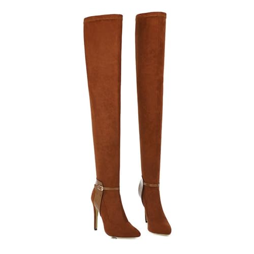 FamMe Oberschenkelhohe Damen-Stiefel aus Wildlederimitat, elastische Absätze, Gürtelschnalle, Overknee-Stiefel, spitze Zehen, modische Herbst-/Winter-Stiletto-High-Heels,Braun,46 von FamMe