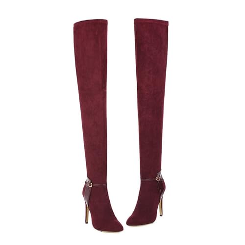 FamMe Oberschenkelhohe Damen-Stiefel aus Wildlederimitat, elastische Absätze, Gürtelschnalle, Overknee-Stiefel, spitze Zehen, modische Herbst-/Winter-Stiletto-High-Heels,Rot,46 von FamMe