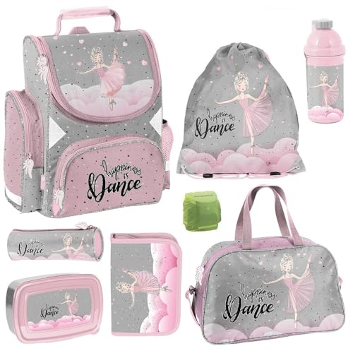 Familando Ballerina Mädchen Schulranzen Set 8 TLG | Ranzen 1. Klasse | Schultasche mit Sporttasche, Brotdose, Trinkflasche und Regenschutz | Ballett Princess von Familando