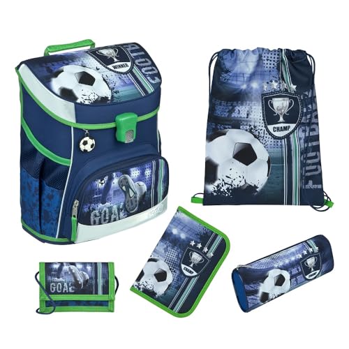 Familando Jungen Schulranzen 1. Klasse · Scooli Campus Fit Schultasche · ergonomisch & leicht · Schulranzen Set für Jungs und Mädchen (5-teiliges Set mit Federmappe, Fußball Blau) von Familando