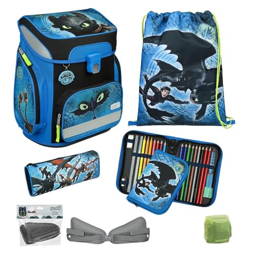 Familando Jungen Schulranzen 1. Klasse · Scooli Easy Fit Schultasche · ergonomisch & leicht · Schulranzenset für Jungs und Mädchen (6-teiliges Set, Dragons Drachen Blau) von Familando