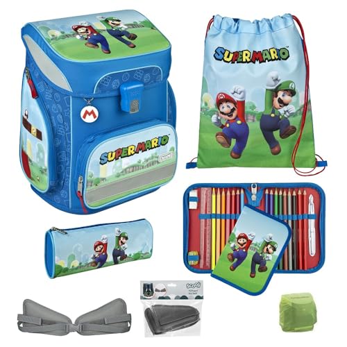 Familando Jungen Schulranzen 1. Klasse · Scooli Easy Fit Schultasche · ergonomisch & leicht · Schulranzenset für Jungs und Mädchen (6-teiliges Set, Super Mario Blau) von Familando