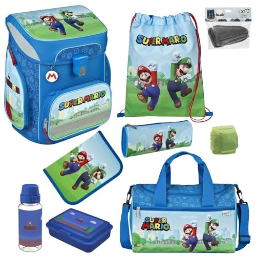 Familando Jungen Schulranzen 1. Klasse · Scooli Easy Fit Schultasche · ergonomisch & leicht · Schulranzenset für Jungs und Mädchen (9-teiliges Set mit Sporttasche, Super Mario Blau) von Familando