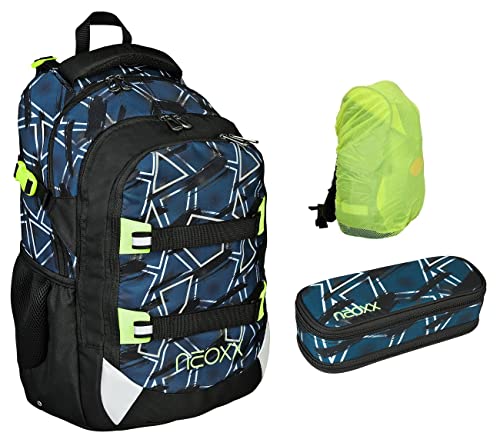 Familando Neoxx Active Schulrucksack 3tlg. Set · Rucksack für die Schule 5. bis 12. Klasse · ergonomischer Schulranzen für Jungen und Mädchen (Flash yourself/Dunkelblau) von Familando