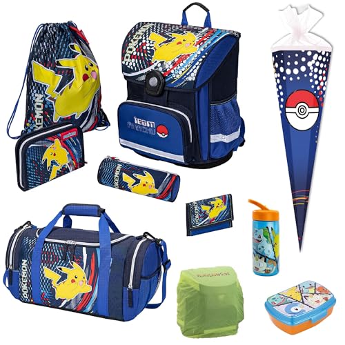 Familando Pokemon Schulranzen für die 1. Klasse · Schultasche mit Pikachu für Jungen und Mädchen · Kompakt und Leicht im Set mit großer Sporttasche (10-teiliges Set) von Familando