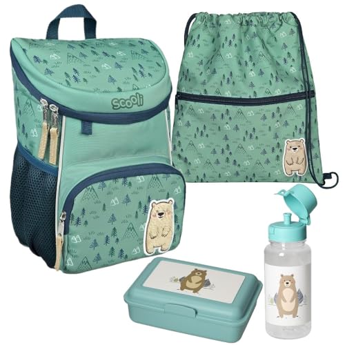 Familando Scooli Mini-Me Kindergarten Rucksack für Jungen und Mädchen | 4-tlg. Set mit Brotdose und Trinkflasche | Ergonomischer Vorschulrucksack für die Kita | Bobby Bär Blau von Familando