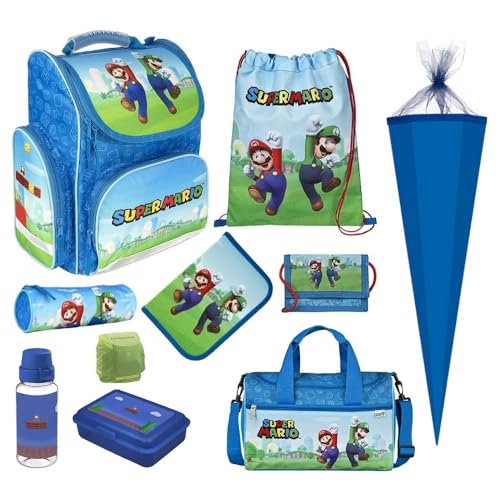 Schulranzen für Jungen 1. Klasse · Super Mario Schultasche · Schulranzenset BlauNintendo (10-teiliges Set mit Schultüte) von Familando