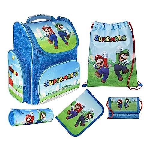 Schulranzen für Jungen 1. Klasse · Super Mario Schultasche · Schulranzenset BlauNintendo (5-teiliges Set) von Familando