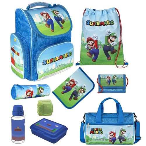 Schulranzen für Jungen 1. Klasse · Super Mario Schultasche · Schulranzenset BlauNintendo (9-teiliges Set mit Sporttasche) von Familando