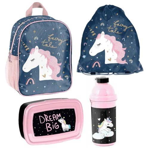 Unicorn Einhorn Kindergarten-Rucksack Set 4tlg. mit Brotdose, Trinkflasche und Turnbeutel Be Magical von Familando