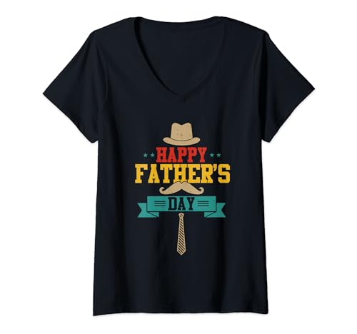 Damen Vintage Happy Father's Day Mustache Hat Costume Proud Men T-Shirt mit V-Ausschnitt von Family Men Father's Day Costume