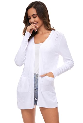 Famrrifuu Damen Strickjacke Lang Cardigan Sommer Leichte Jacke Casual Langarm Elegant Sommerjacke mit Tasche,Weiß,XL von Famrrifuu