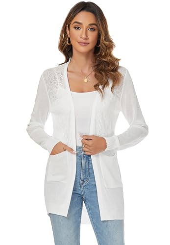 Famrrifuu Leichte Strickjacke Damen Sommer Dünn Lang Jacke Langarm Cardigan Elegant Sommerjacke mit Tasche,Weiß,XL von Famrrifuu