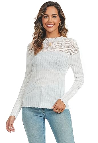 Famrrifuu Strickpullover Damen Elegant Pulli Gestrickt Rundhals Langarm Pullover Leicht Strickpulli für Herbst Winter,Weiß,L von Famrrifuu