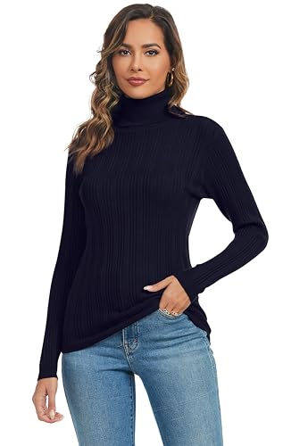 Famrrifuu Strickpullover Rollkragen Damen Pulli Gestrickt Langarm Pullover Winter Casual Rollkragenpullover,Navy,L von Famrrifuu