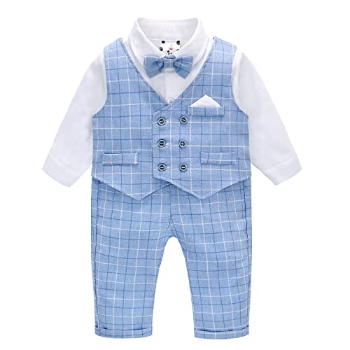 Famuka Baby Junge Anzug Set Kinder Smoking Hochzeit Taufe Bekleidungsset Hemd+Weste+Hose+Fliege (Blau, 12M) von Famuka