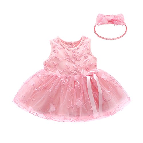 Famuka Baby Mädchen Kleider Baby Taufkleid Brautkleid Hochzeit Geburtstag Taufe Kleider (Rosa, 80, 9_Months) von Famuka