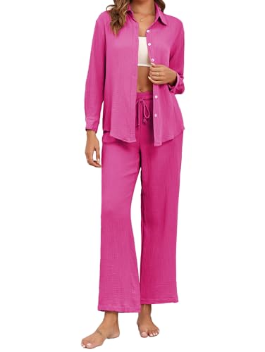 Famulily 2 Teiler Damen Herbst Hosenanzug Elegant Musselin Zweiteiler Damen 48 Heißes Rosa M von Famulily