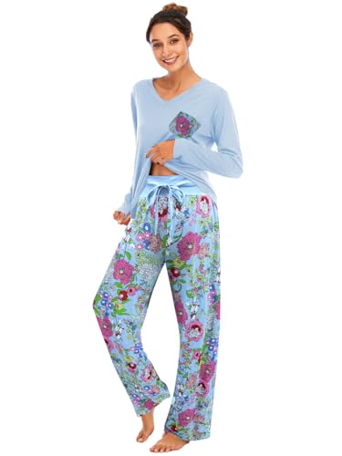 Famulily Bequemer Damen-Pyjama, Set, Blumendruck, langärmelig, Loungewear, Oberteil und Hose mit weitem Bein, weiche Nachtwäsche, Farbe: Blau, 38 von Famulily