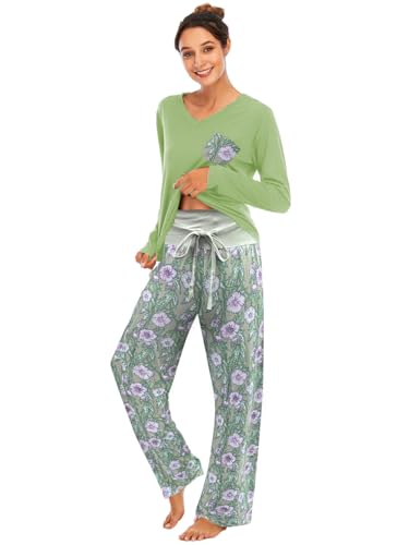 Famulily Bequemer Damen-Pyjama, Set, Blumendruck, langärmelig, Loungewear, Oberteil und Hose mit weitem Bein, weiche Nachtwäsche, #Grün, 36 von Famulily