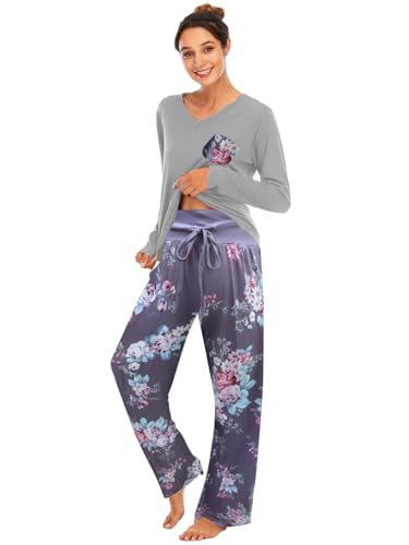 Famulily Bequemer Damen-Pyjama, Set, Blumendruck, langärmelig, Loungewear, Oberteil und Hose mit weitem Bein, weiche Nachtwäsche, grau, 48 von Famulily