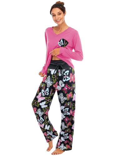 Famulily Bequemer Damen-Pyjama, Set, Blumendruck, langärmelig, Loungewear, Oberteil und Hose mit weitem Bein, weiche Nachtwäsche, hot pink, 42 von Famulily